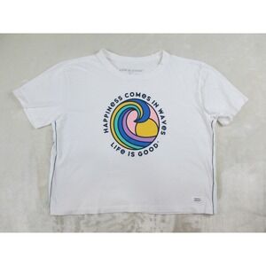 Life Is Good Shirt Womens Small White Happiness Comes In Waves Crusher Crop Top*